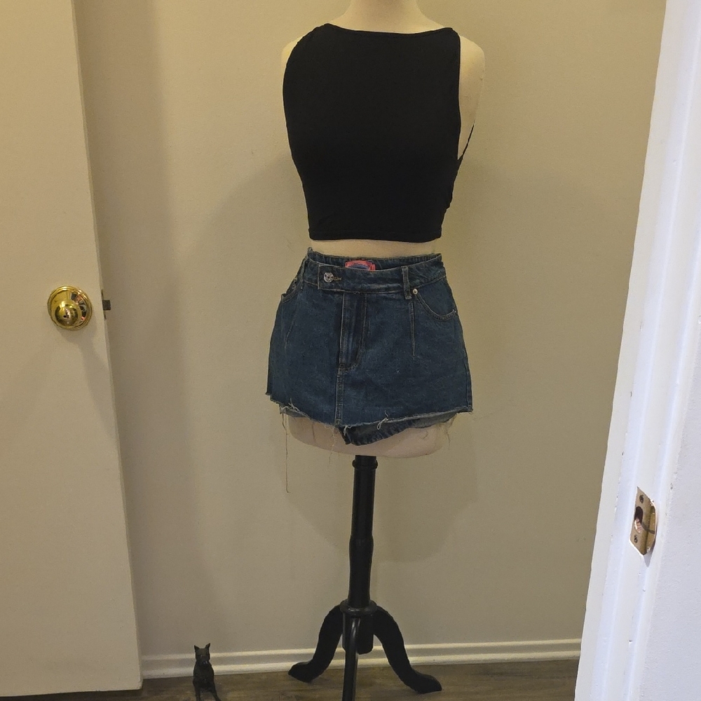 Black Crop Top and Denim Mini Skirt